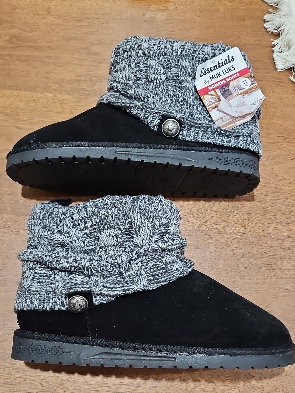 Muk Luks Black Suede-Look Ankle Booties with Gray Knit Cuff